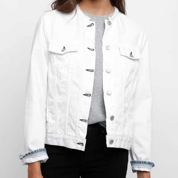 collarless white jean jacket